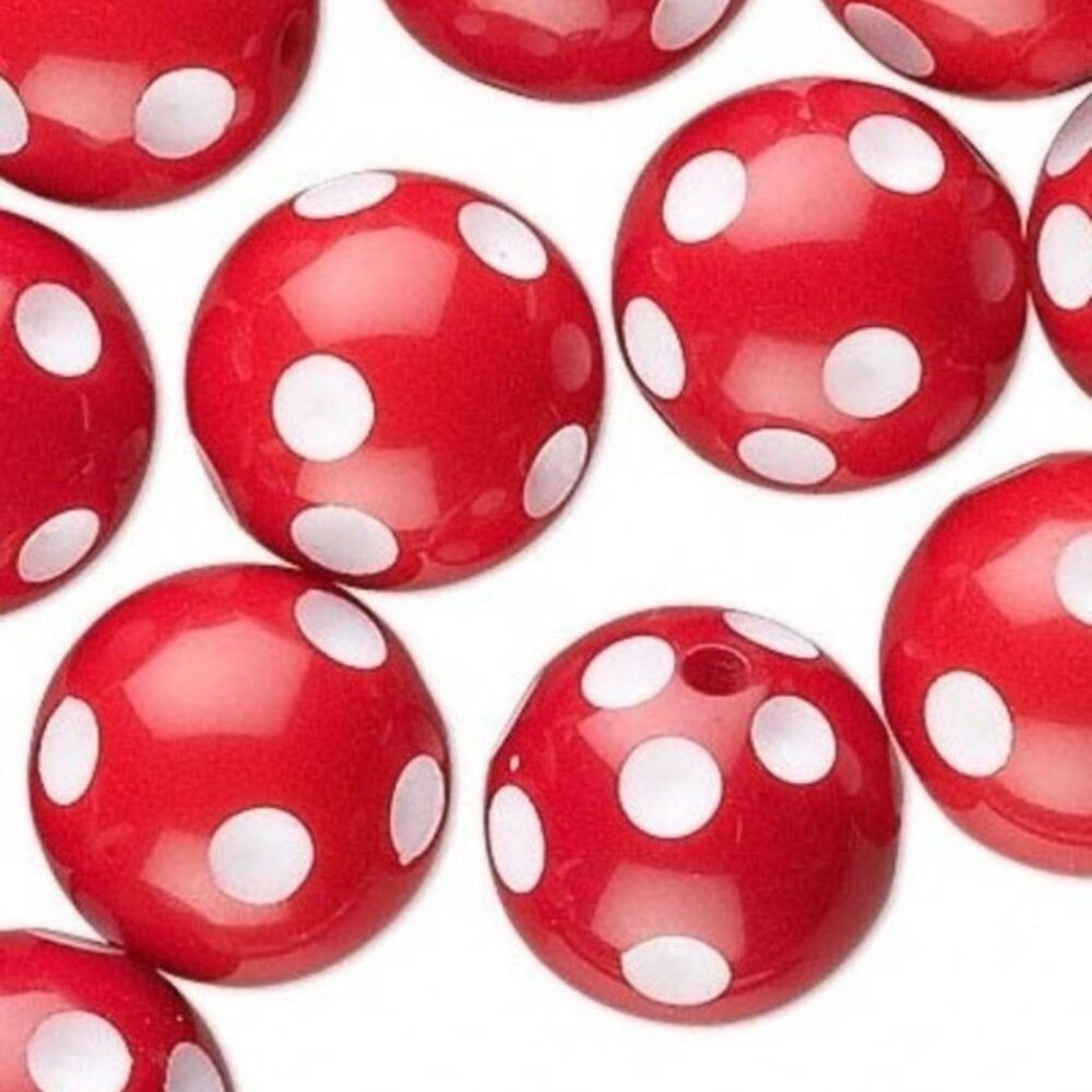 Vintage Y2K 90s Red White Polka Dot 16mm Round Lucite Acrylic Beads 10 pcs